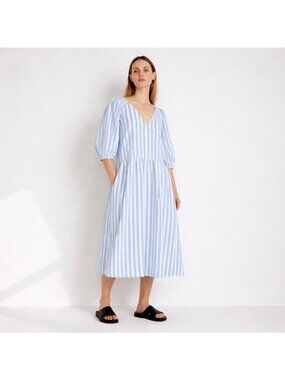 Everlane Linen Midi Dress Blue White Stripe Puff Sleev Pockets Size L NWOT